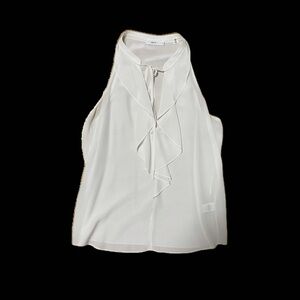 A.L.C 100% Silk White Sleeveless Blouse Tie Neck with Ruffles